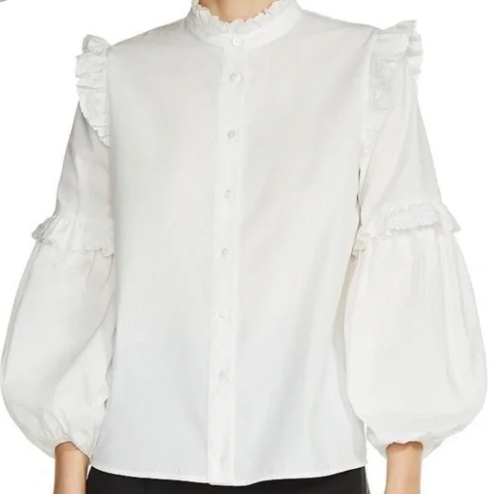 Maje White Ruffle Trim Button-Front Blouse Size S